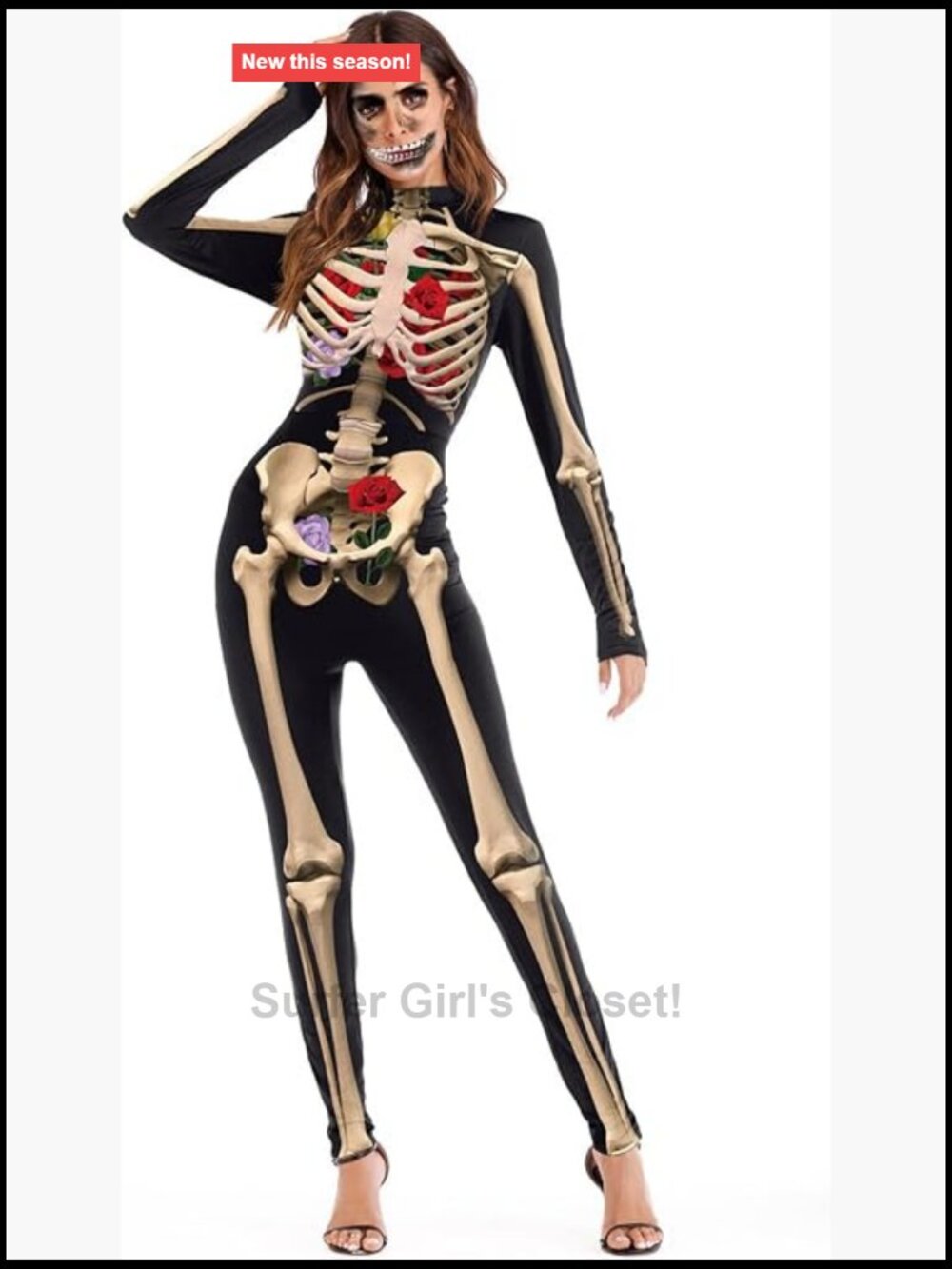 Womens Skeleton Halloween Costume Jumpsuit Bodysuit Catsuit Zip Up Stretchy